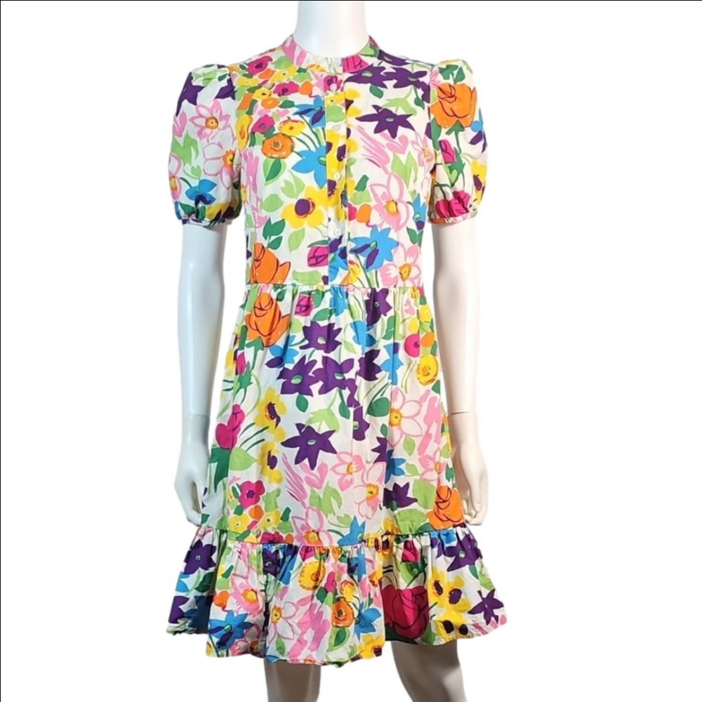 J. Crew 100% Cotton Vibrant Multi-Color Floral Puff Sleeve Ruffle Hem Dress - Picture 2 of 16